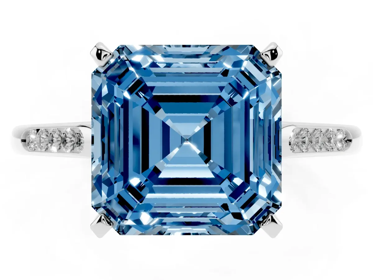 Fancy Blue Asscher Cut Diamond Solitaire Ring with Channel Set Round Band and Prong Setting Silver