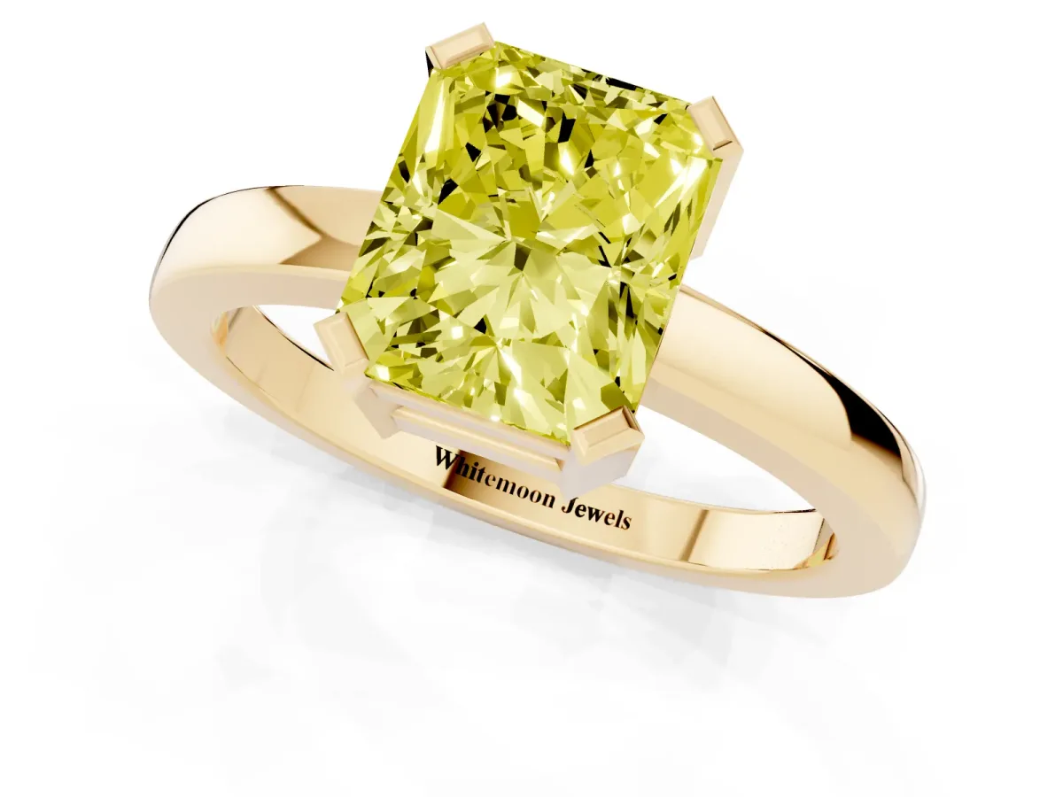 Fancy Yellow Radiant Cut Cut Solitaire Ring with Four-Prong Setting and Classic Band Yellow gold