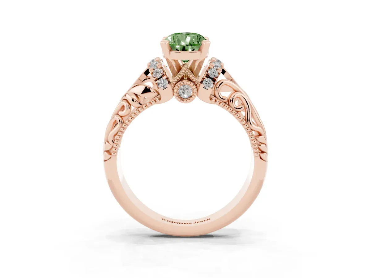 Fancy Green Pear Cut Solitaire Filigree Engagement Ring with Halo and Prong Setting Rose gold