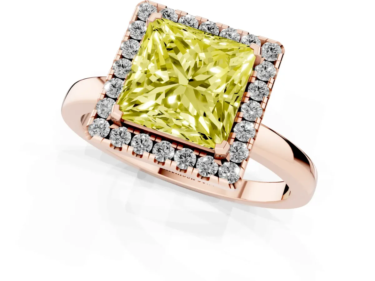 Fancy Yellow Princess Cut Halo Diamond Solitaire with Pavé Band and Four-Prong Setting Rose gold