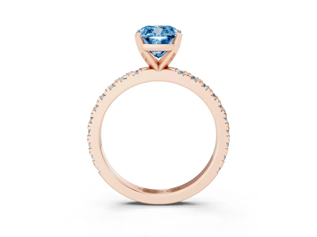Fancy Blue Cushion Cut Diamond Pavé Band Solitaire with Four-Prong Setting Rose gold