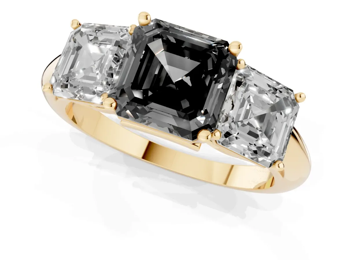 Fancy Black Three-Stone Asscher Cut Cut Diamond Engagement Ring with Prong Setting on a White Gold Band Yellow gold
