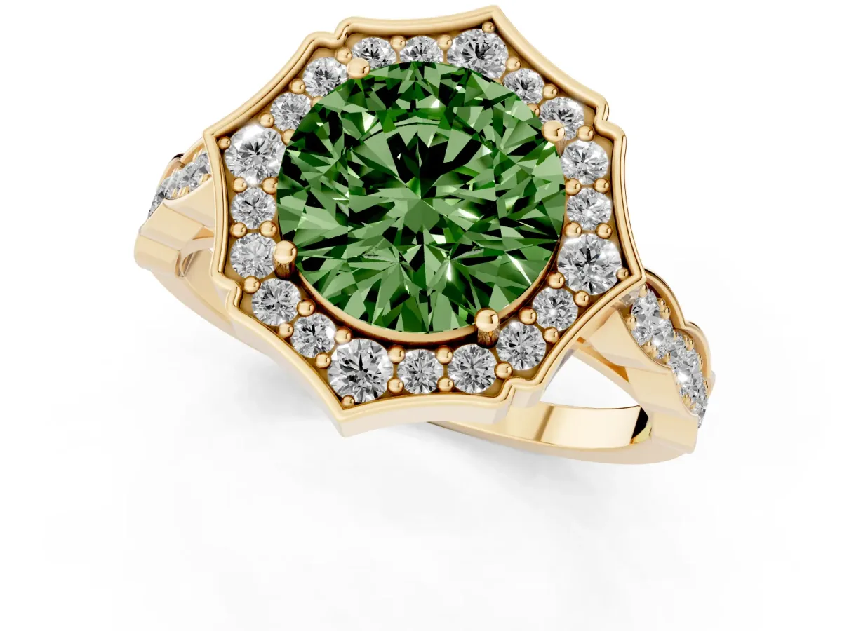 Fancy Green Round Cut Halo Diamond Engagement Ring with Milgrain Band and Four-Prong Setting Yellow gold