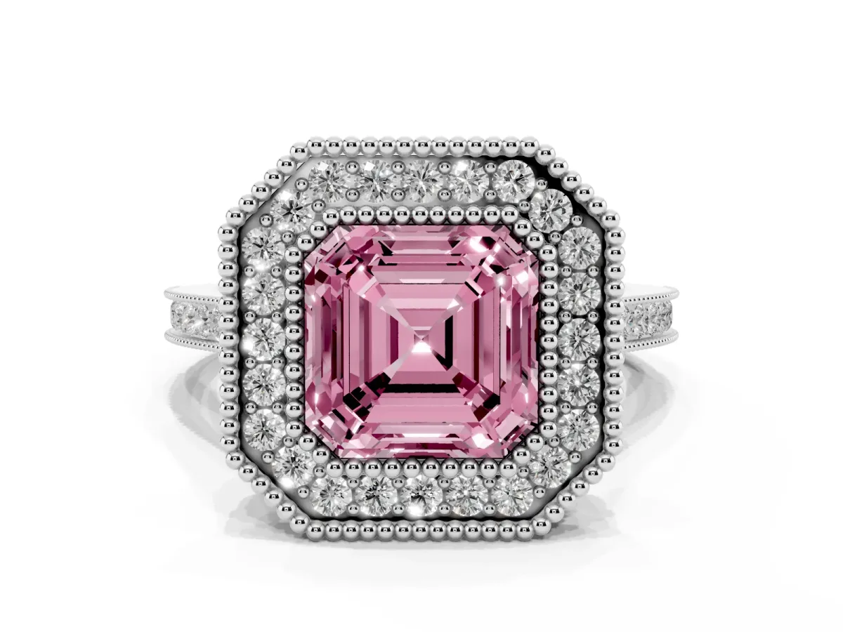 Fancy Pink Asscher Cut Diamond Halo Ring with Milgrain Frame and Pavé Band Silver