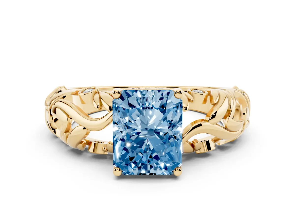 Fancy Blue Radiant Cut Solitaire Diamond Leaf-Inspired Vine Band Ring with Prong Setting Yellow gold