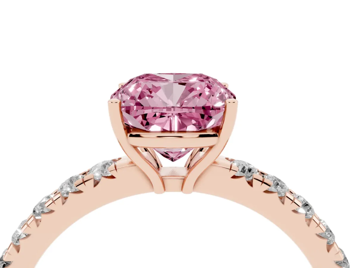Fancy Pink Cushion Cut Diamond Pavé Solitaire Engagement Ring with Four-Prong Setting Rose gold