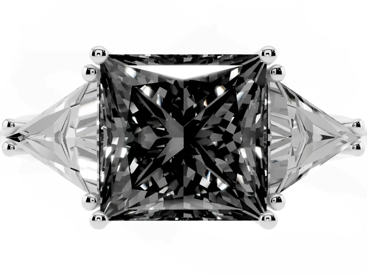 Fancy Black Three-Stone Princess Cut Diamond Engagement Ring with Trillion Side Stones and Prong Setting Silver