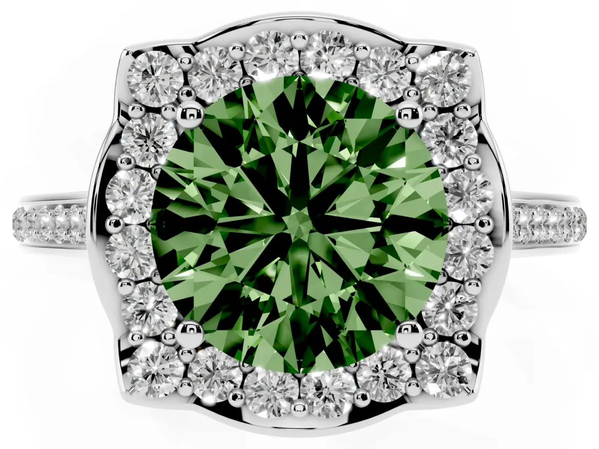 Fancy Green Round Cut Halo Round Diamond Pave Band with Four-Prong Setting Silver