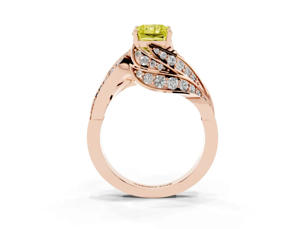 Fancy Yellow Radiant Cut Diamond Solitaire Ring with Prong Setting and Twisted Pavé Band Rose gold