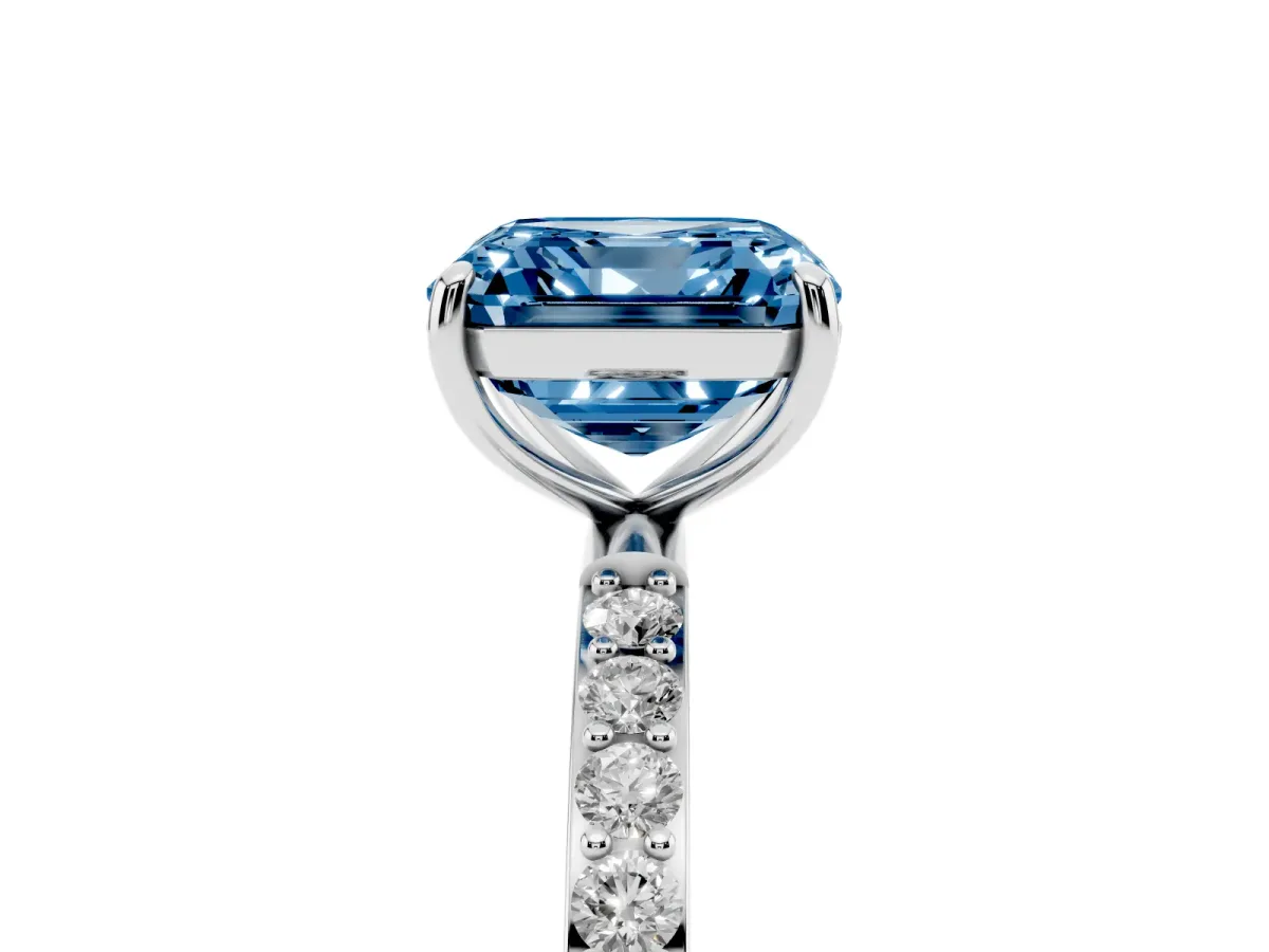 Fancy Blue Asscher Cut Diamond Solitaire Ring with Round Pavé Shoulders and Prong Setting Platinum