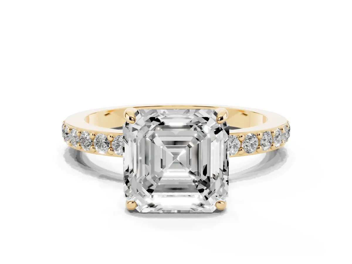 Asscher Cut Diamond Pavé Engagement Ring with Round Accents and Prong Setting Yellow gold