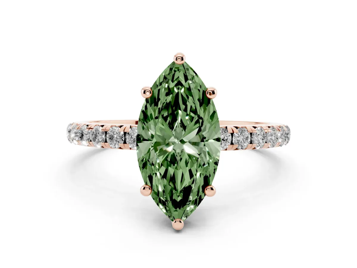 Fancy Green Marquise Cut Cut Diamond Solitaire Ring with Micro Pave Band and Four Prong Setting Rose gold