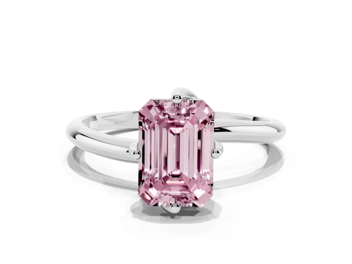 Fancy Pink Emerald Cut Diamond Solitaire Engagement Ring with Four-Prong Setting and Classic Band Silver