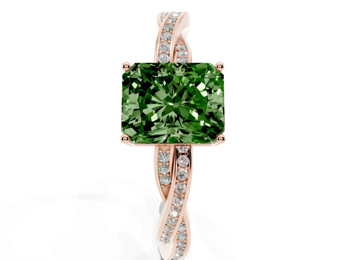 Fancy Green Radiant Cut Solitaire Twisted Pave Diamond Ring with Four-Prong Setting Rose gold