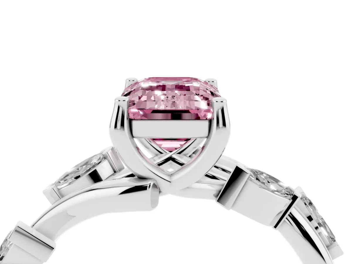 Fancy Pink Emerald Cut Solitaire Twisted Band Marquise Accent Prong Setting Ring Platinum