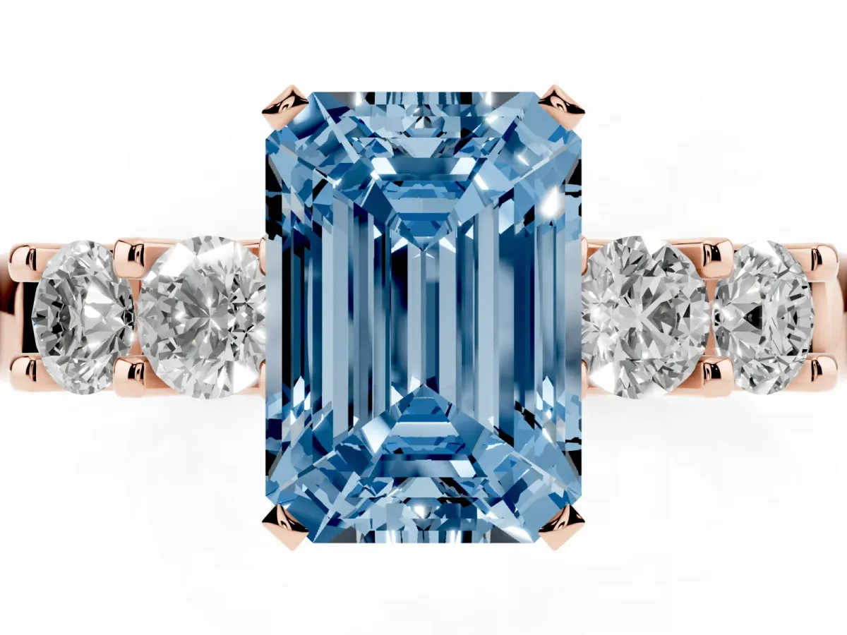 Fancy Blue Emerald Cut Brilliant Cut Diamond Five-Stone Prong Set Engagement Ring with Channel Band Rose gold