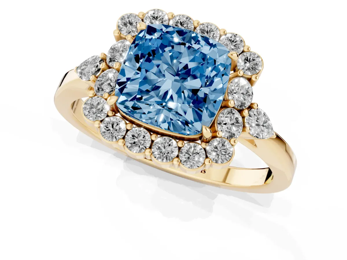 Fancy Blue Cushion Cut Diamond Halo Ring with Pear Side Stones and Prong Setting Yellow gold