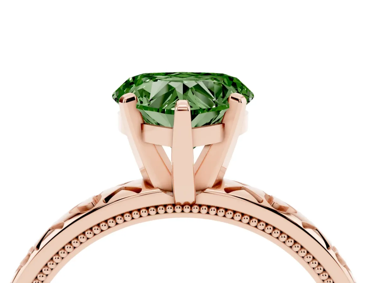 Fancy Green Heart Cut Solitaire Diamond Engagement Ring with XO Engraved Band and Four-Prong Setting Rose gold