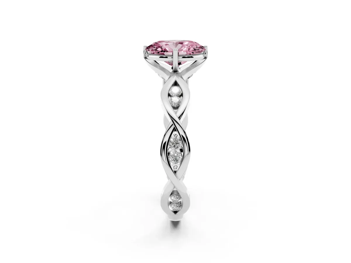 Fancy Pink Oval Cut Solitaire Twist Band with Leaf Prong Setting Silver