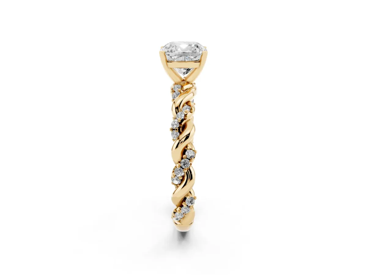 Cushion Cut Diamond Solitaire Ring with Twisted Band and Pavé Accents Yellow gold