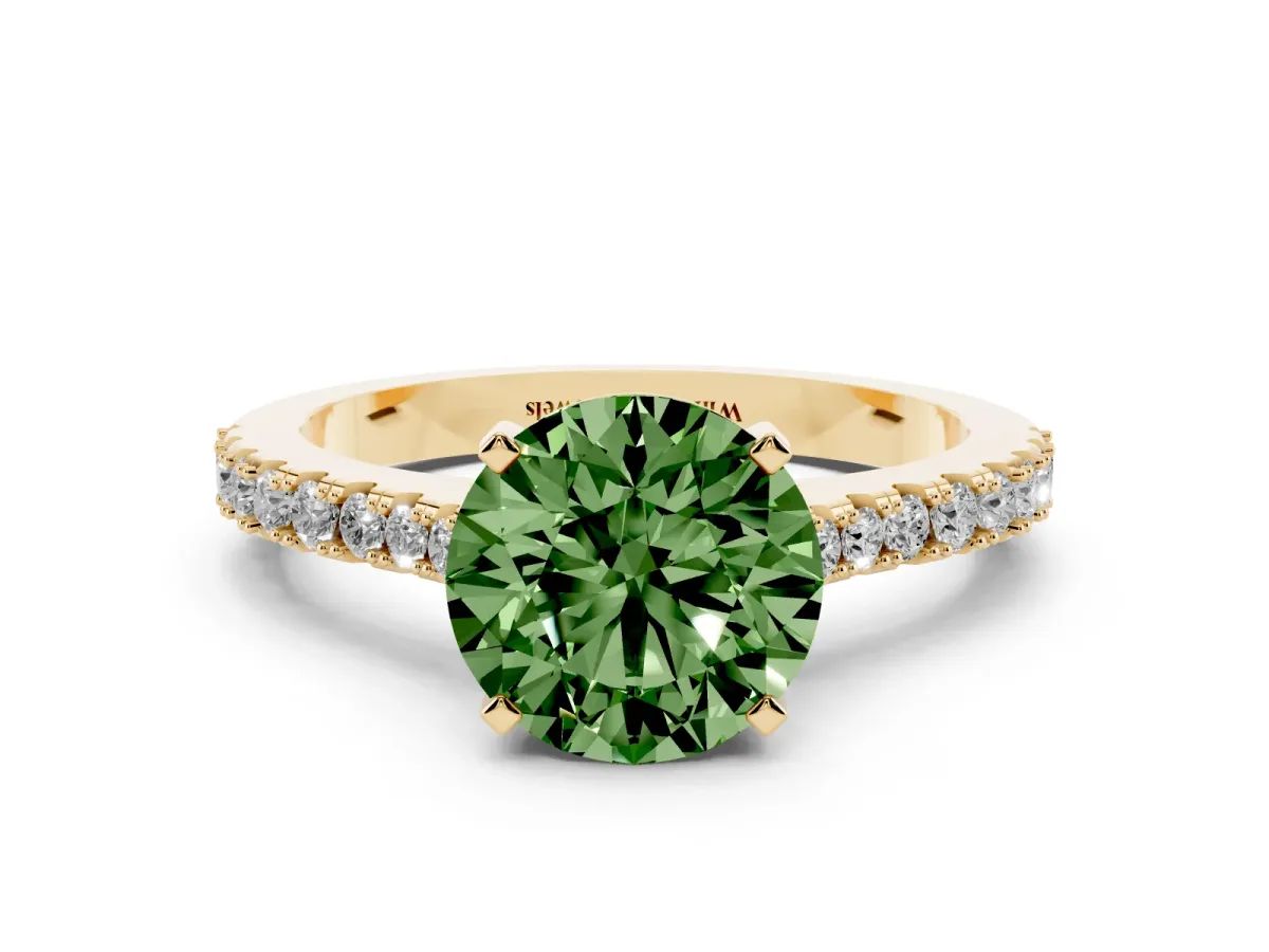 Fancy Green Round Cut Cut Solitaire Diamond Engagement Ring with Pave Band and Four-Prong Setting Yellow gold