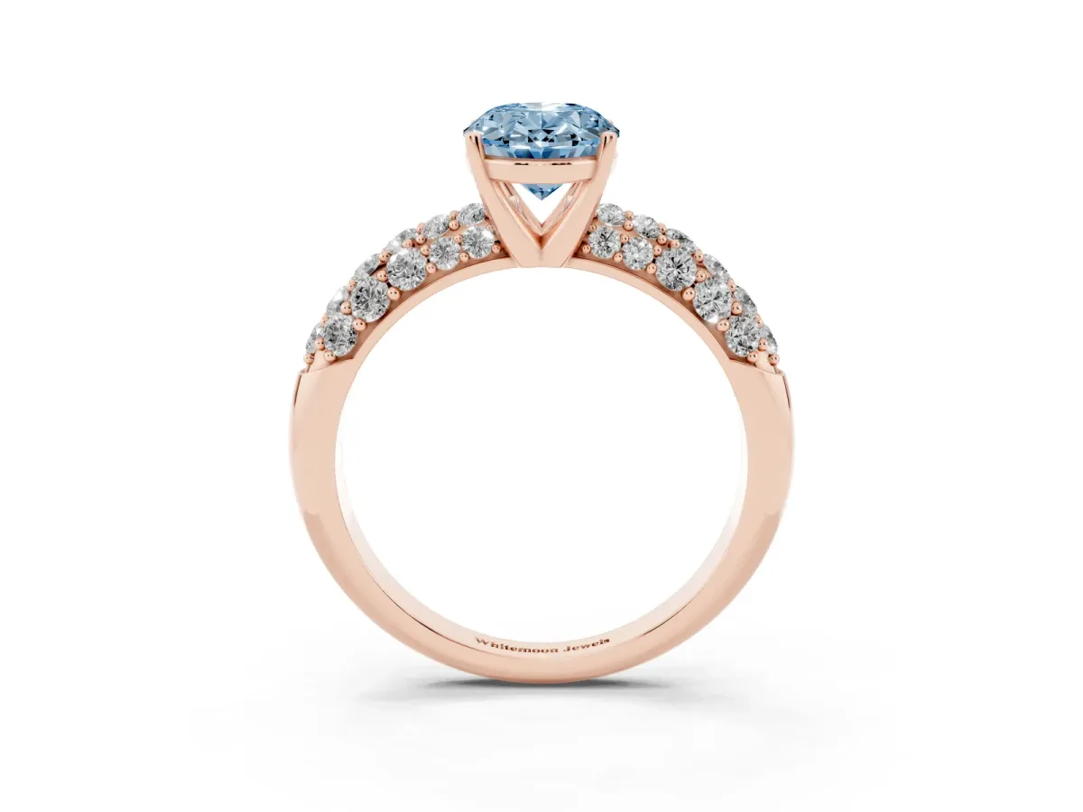 Fancy Blue Oval Cut Diamond Pavé Band Solitaire Ring with Four-Prong Setting Rose gold