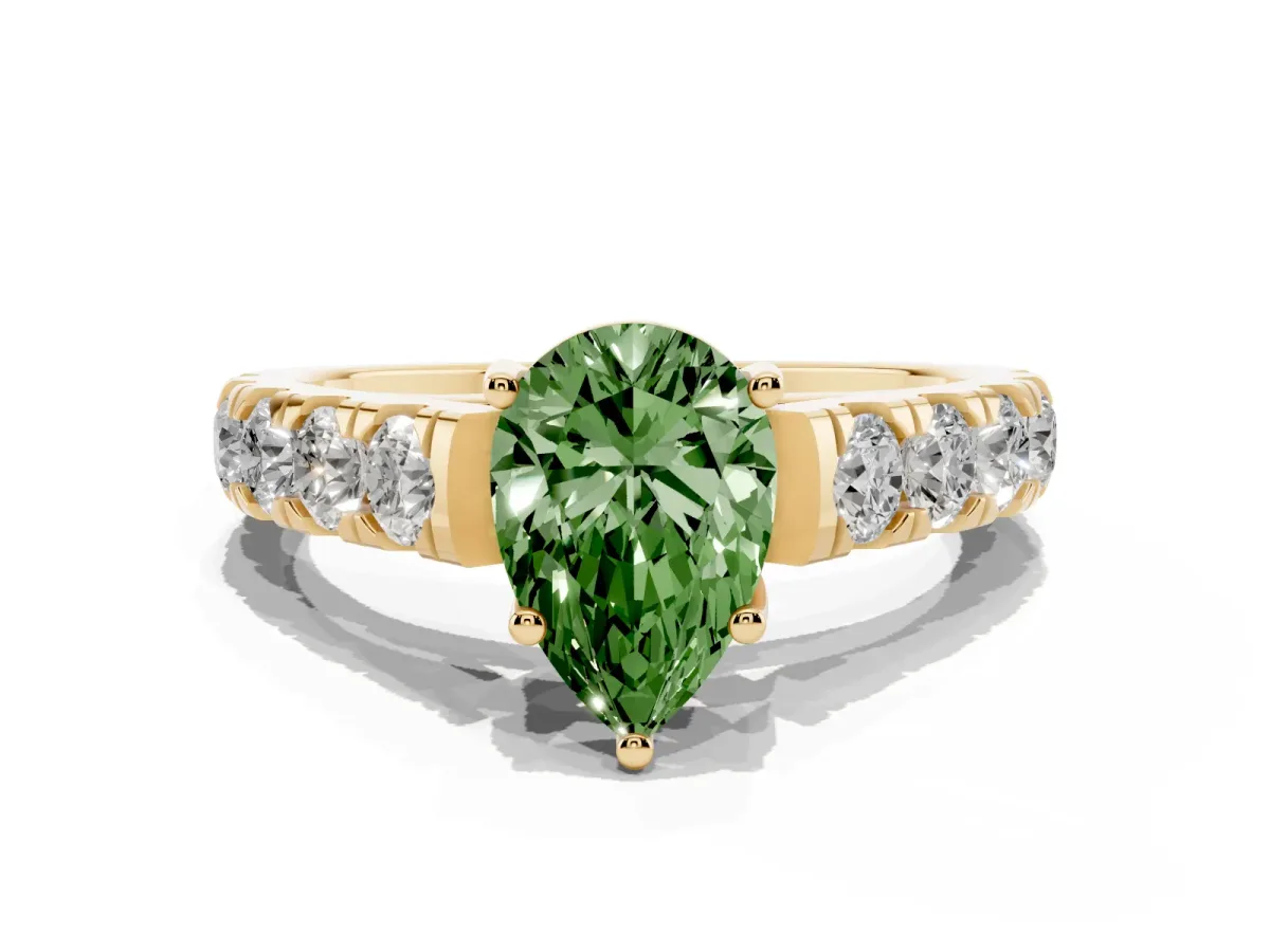 Fancy Green Pear Cut Cut Diamond Solitaire Ring with Micro Pave Band and Prong Setting Yellow gold