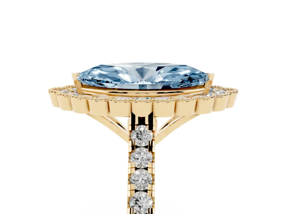 Fancy Blue Marquise Cut Cut Diamond Milgrain Floral Halo Engagement Ring with Pavé Band Yellow gold