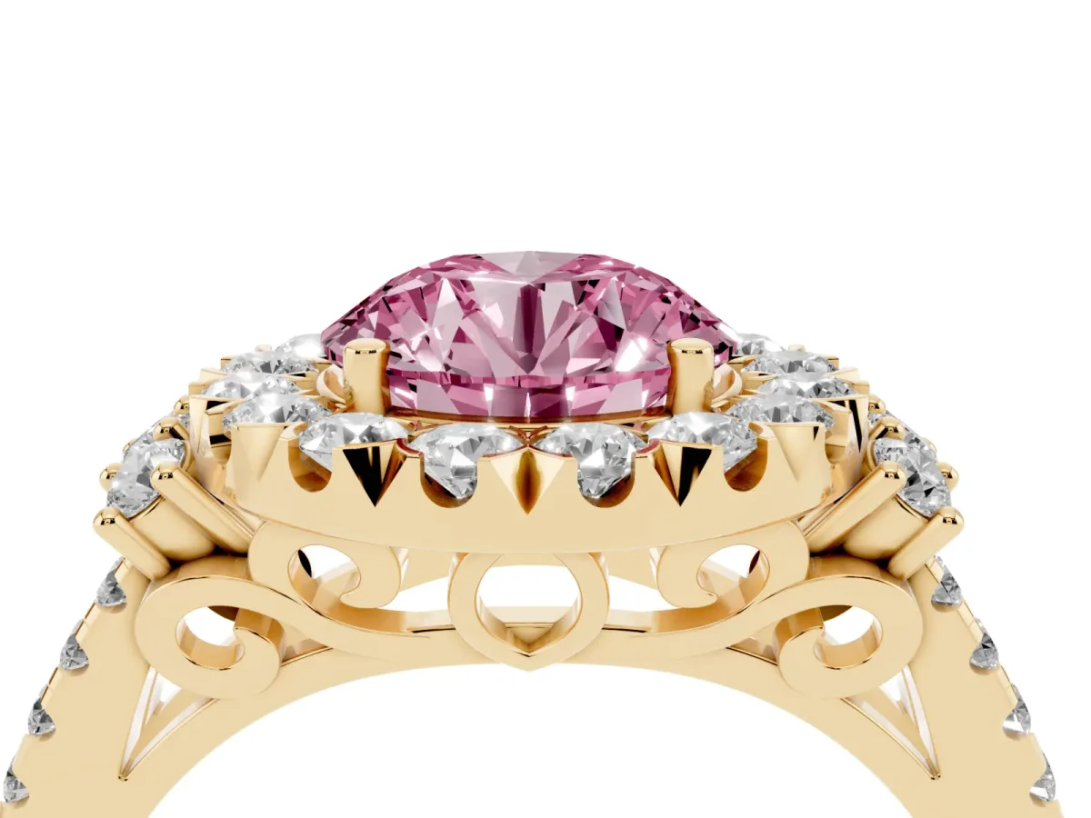 Fancy Pink Round Cut Cut Double Halo Diamond Engagement Ring with Pave Band and Four-Prong Setting Yellow gold