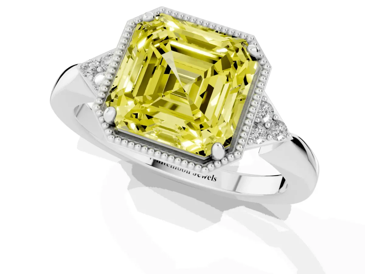Fancy Yellow Milgrain Asscher Cut Cut Diamond Ring with Tapered Pave Band and Four Prong Setting White gold
