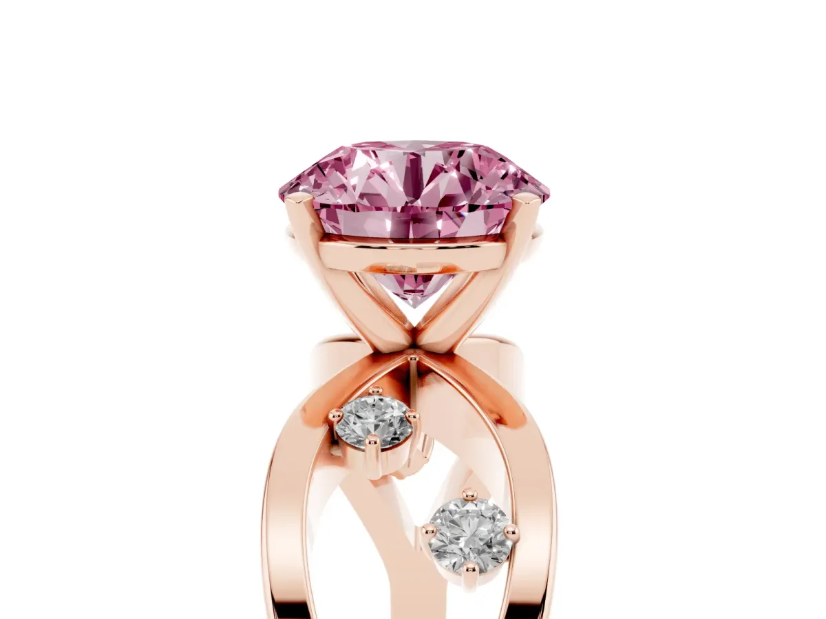 Fancy Pink Round Cut Cut Solitaire Diamond with Side Stones on Criss-Cross Band and Four-Prong Setting Rose gold