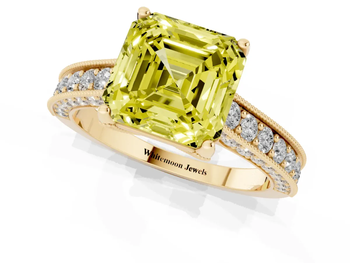 Fancy Yellow Asscher Cut Cut Diamond Solitaire Ring with Milgrain Pave Band and Four Prong Setting Yellow gold