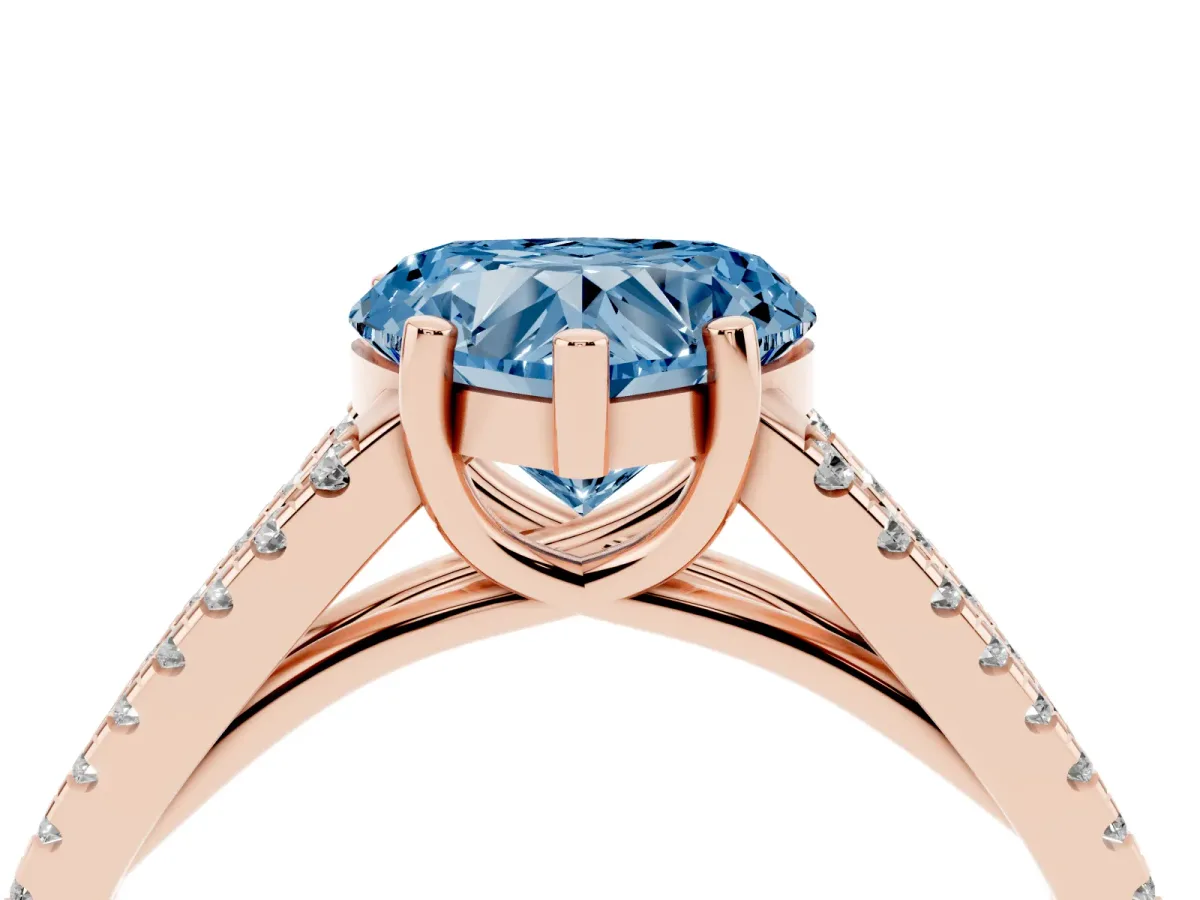 Fancy Blue Heart Cut Diamond Solitaire Engagement Ring with Split Shank Pavé Band Rose gold