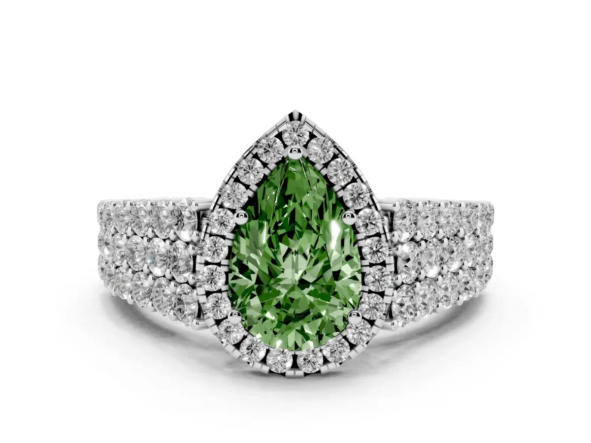 Fancy Green Pear Cut Diamond Halo Engagement Ring with Triple Row Round Pavé Band and Prong Setting Silver