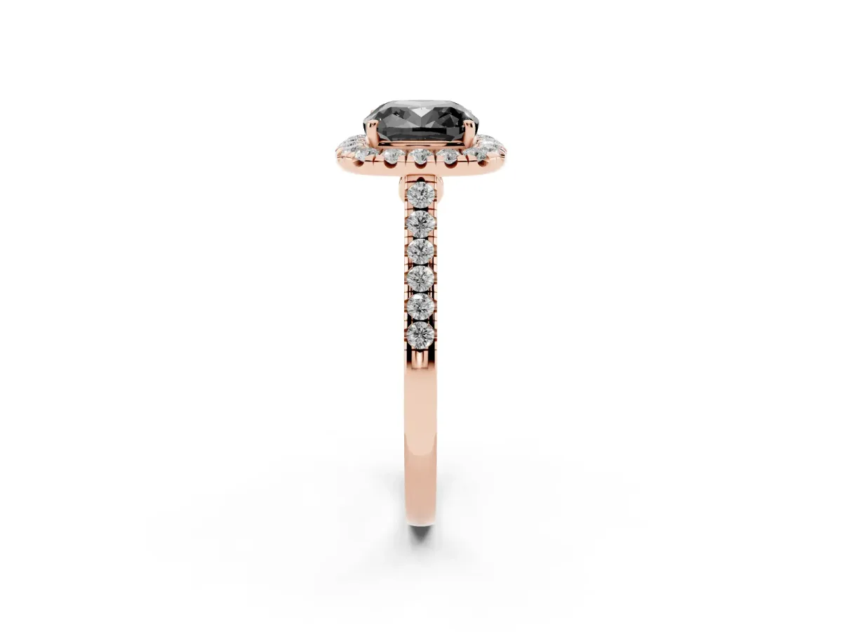 Fancy Black Cushion Cut Halo Pave Diamond Engagement Ring with Four-Prong Setting Rose gold