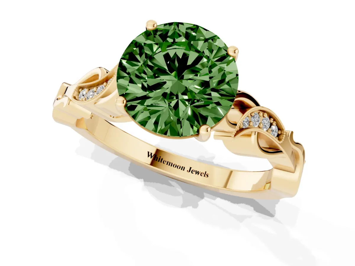 Fancy Green Round Cut Solitaire Vine Band with Milgrain Prong Setting Yellow gold
