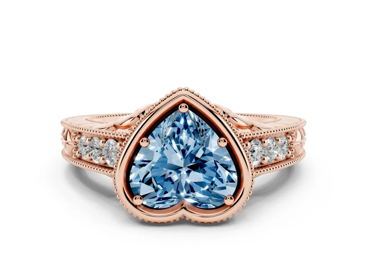 Fancy Blue Bezel Set Heart Cut Diamond Milgrain Pave Engagement Ring Rose gold