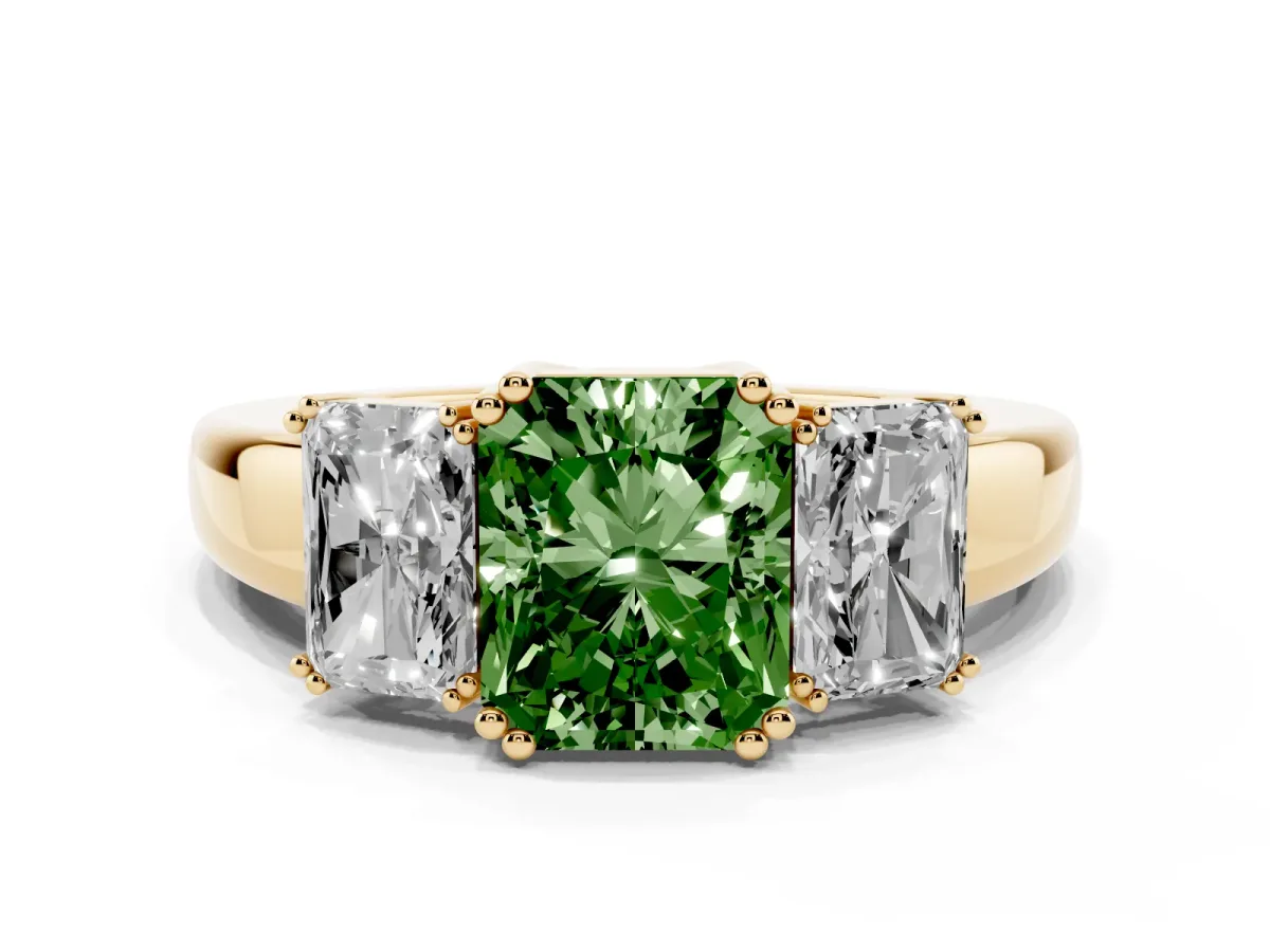 Fancy Green Three-Stone Radiant Cut Cut Diamond Ring with Channel Set Band and Four-Prong Setting Yellow gold