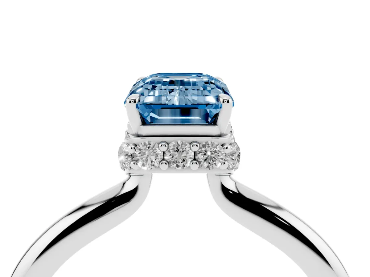 Fancy Blue Emerald Cut Brilliant Solitaire Engagement Ring with Six-Prong Setting and Classic Band Platinum