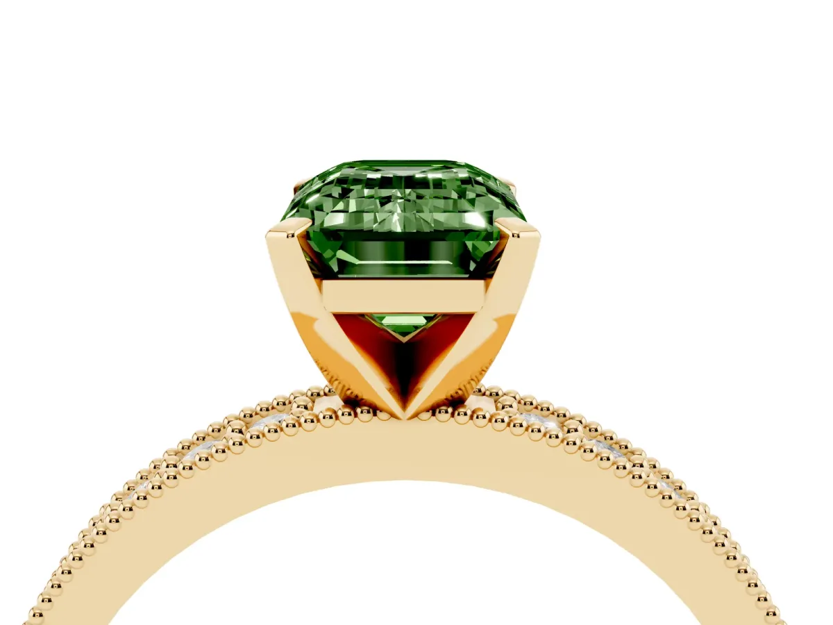 Fancy Green Emerald Cut Diamond Milgrain Pavé Engagement Ring with Four-Prong Setting Yellow gold