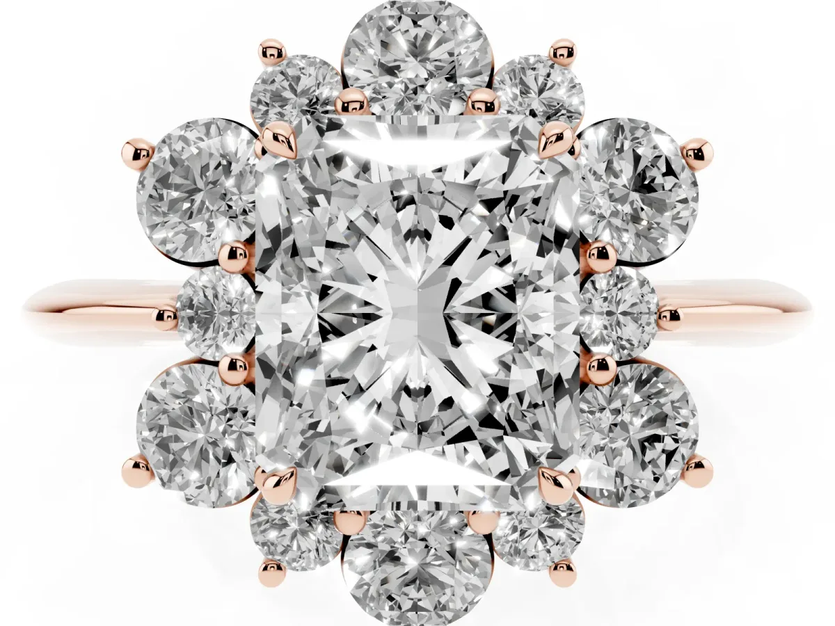 Radiant Cut Diamond Cluster Halo Ring with Solitaire Band and Four-Prong Setting Rose gold