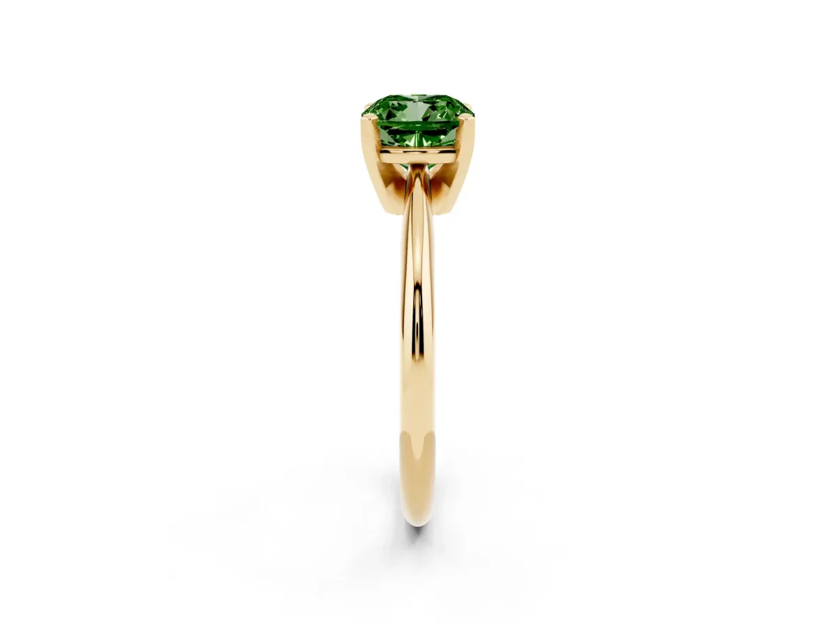 Fancy Green Cushion Cut Cut Solitaire Ring with Four-Prong Setting on a Classic Band Yellow gold