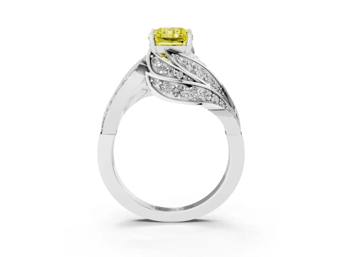 Fancy Yellow Radiant Cut Diamond Solitaire Ring with Prong Setting and Twisted Pavé Band White gold