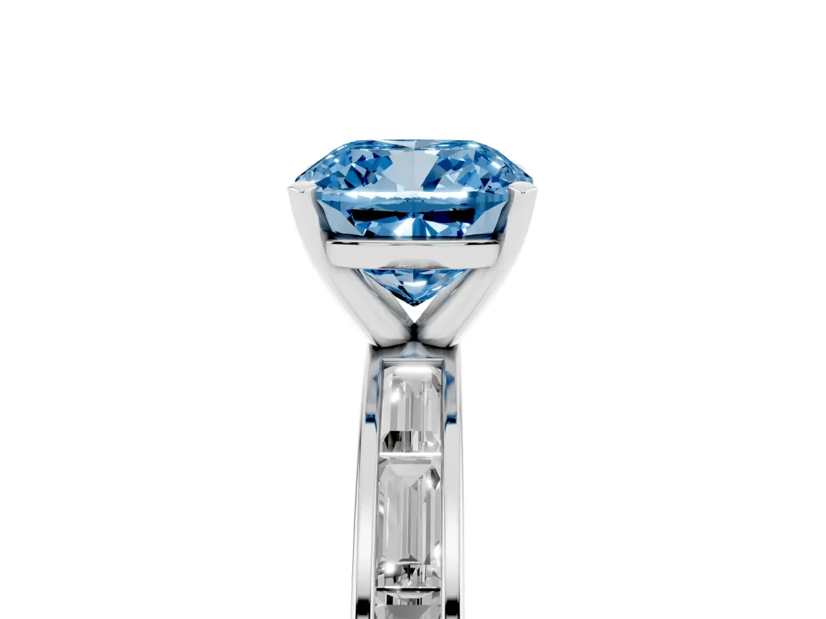 Fancy Blue Cushion Cut Solitaire Diamond Ring with Channel-Set Baguette Band and Four-Prong Setting Platinum