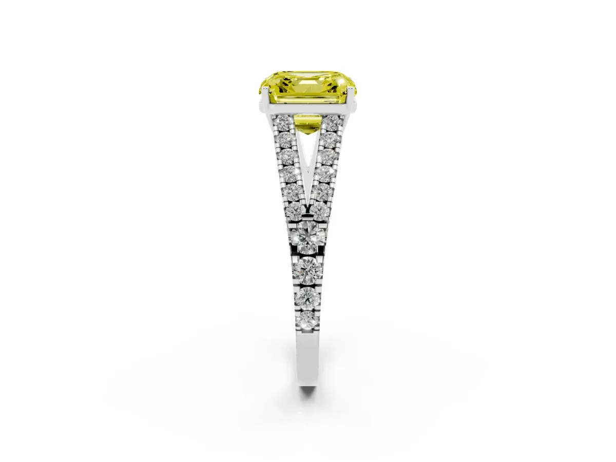 Fancy Yellow Asscher Cut Diamond Split Shank Engagement Ring with Round Pavé and Prong Setting Silver