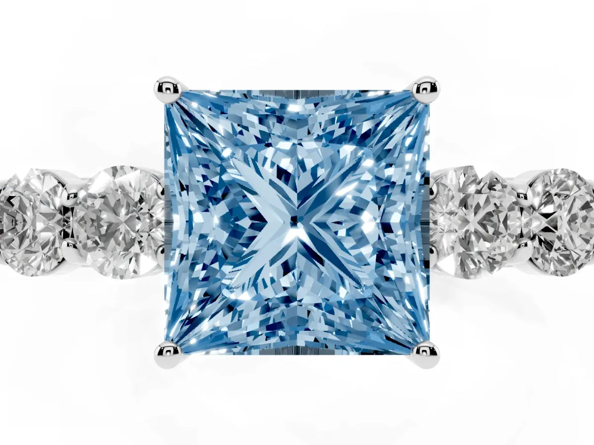 Fancy Blue Princess Cut Cut Diamond Five-Stone Prong Set White Gold Ring Silver