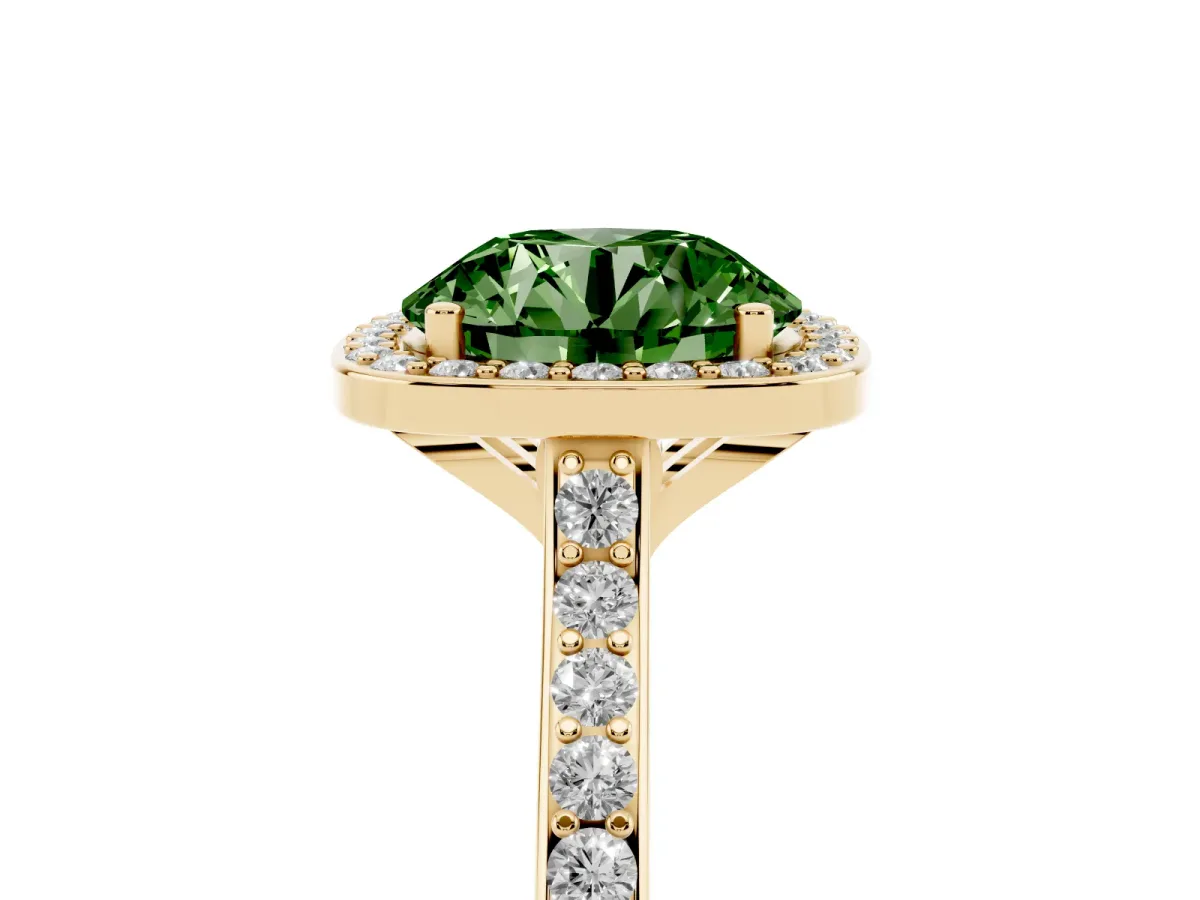 Fancy Green Round Cut Diamond Halo Engagement Ring with Round Pavé Shoulders and Prong Setting Yellow gold