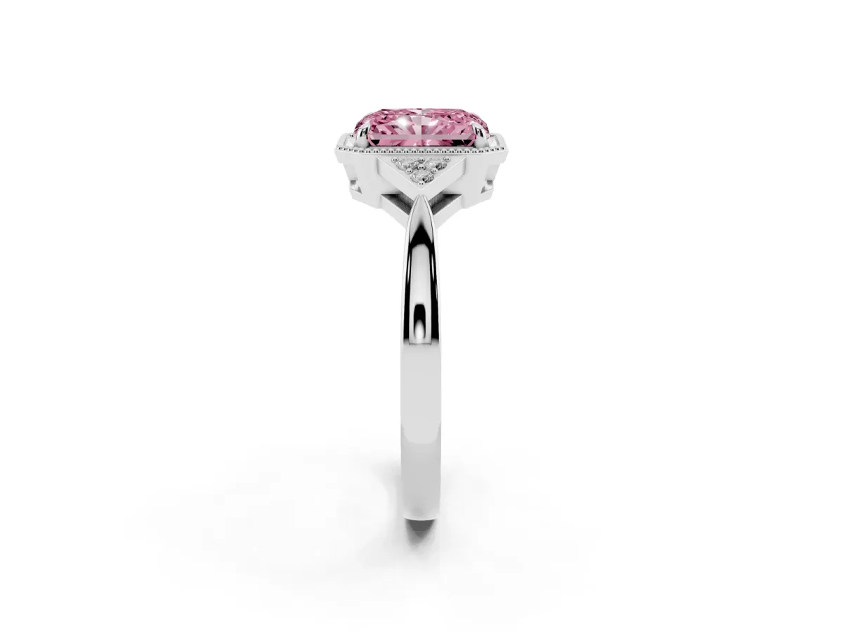 Fancy Pink Hexagonal Halo Radiant Cut Diamond Solitaire with Pavé Band and Four-Prong Setting White gold