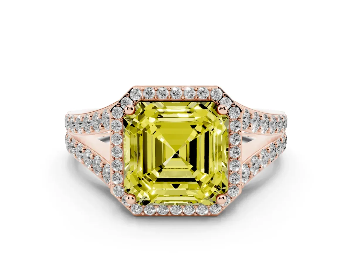 Fancy Yellow Asscher Cut Diamond Split Shank Halo Ring with Four-Prong Setting Rose gold