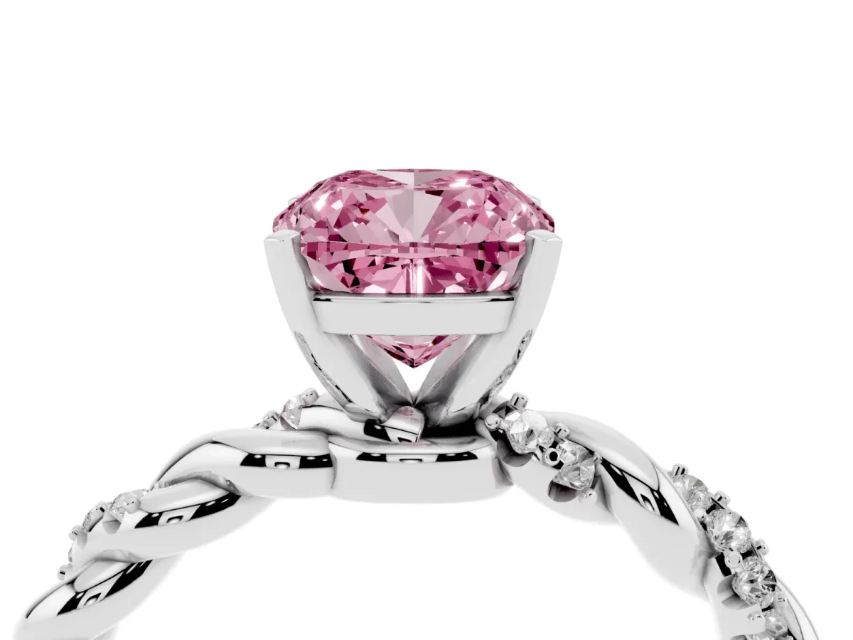 Fancy Pink Cushion Cut Diamond Solitaire Ring with Twisted Band and Pavé Accents Platinum
